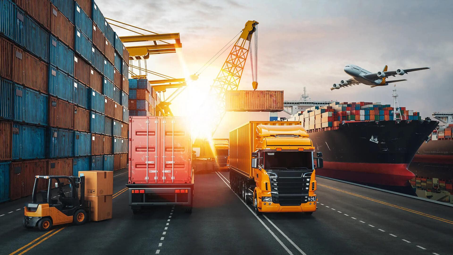 International container terminal at sunset